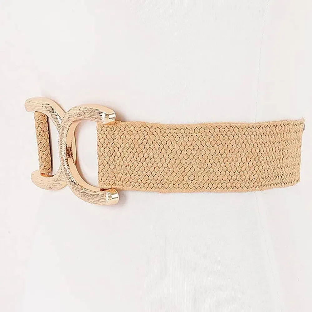 Straw Wide Dual Buckle Elastic Belt - Khaki/Gold
